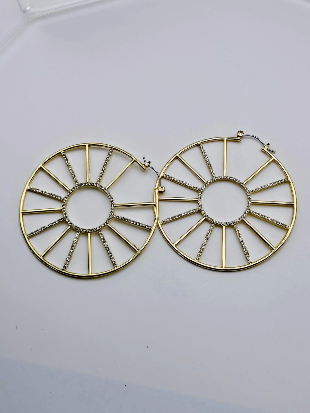 Fashion Jewelry Gold Hoop Sunburst Earrings with Crystal Accents - Picture 2 of 16